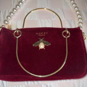 Gucci Burgundy Velvet Clutch with Gold and Pearl Details NEW! GWP
